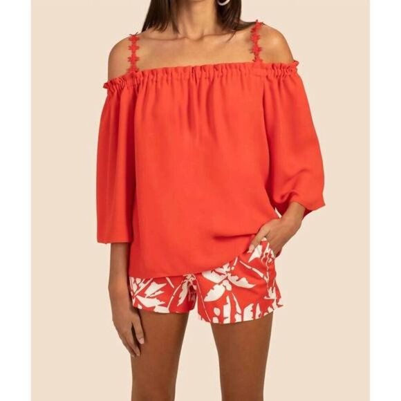 Trina Turk 'Promenade' Flower-Strap Off-The-Shoulder Crepe Top, Cherry Tomato - Picture 1 of 2